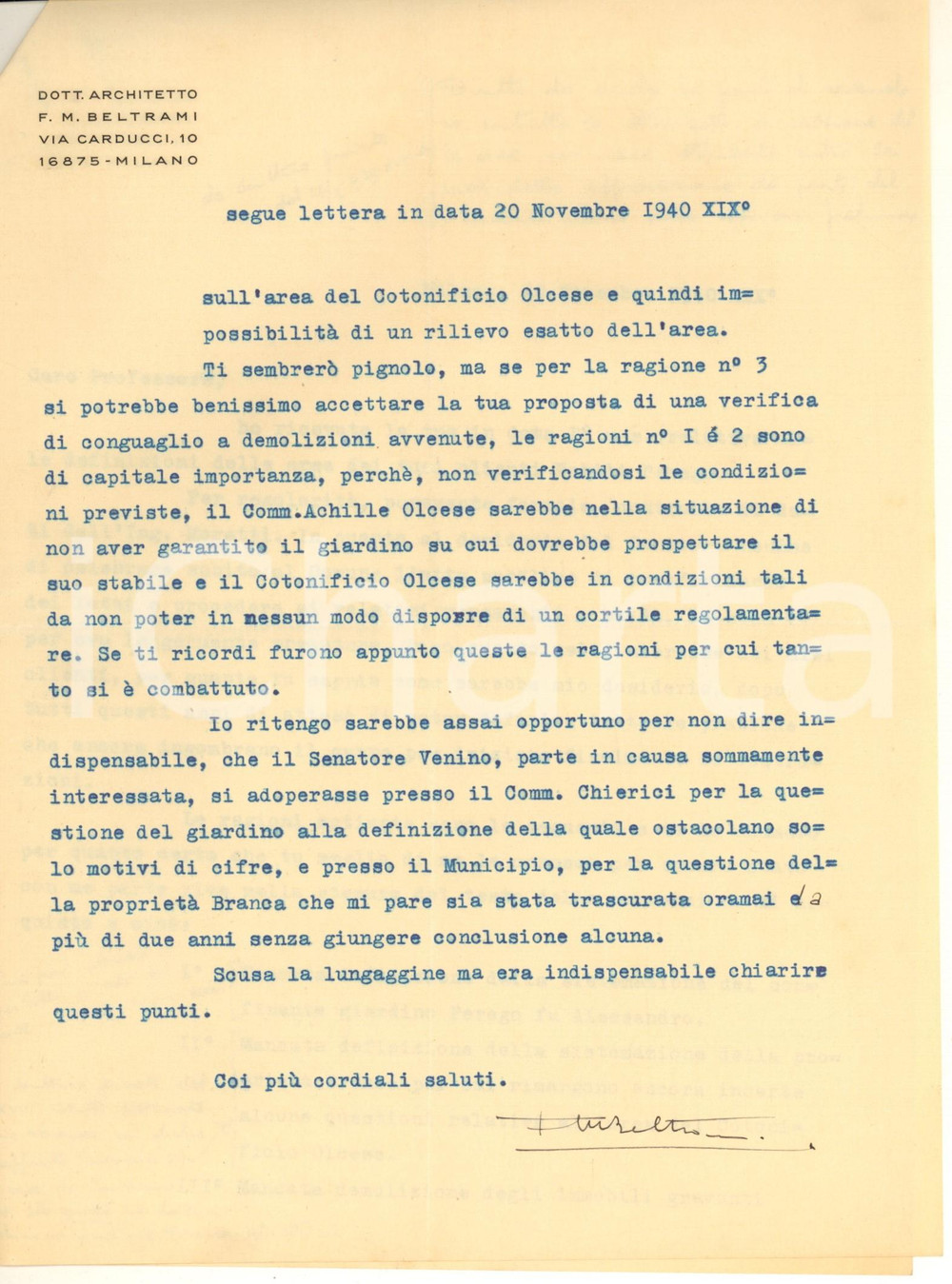 Autografo originale 1940 MILANO Arch. Filippo Maria BELTRAMI su avvio cantieri AUTOGRAFO 1