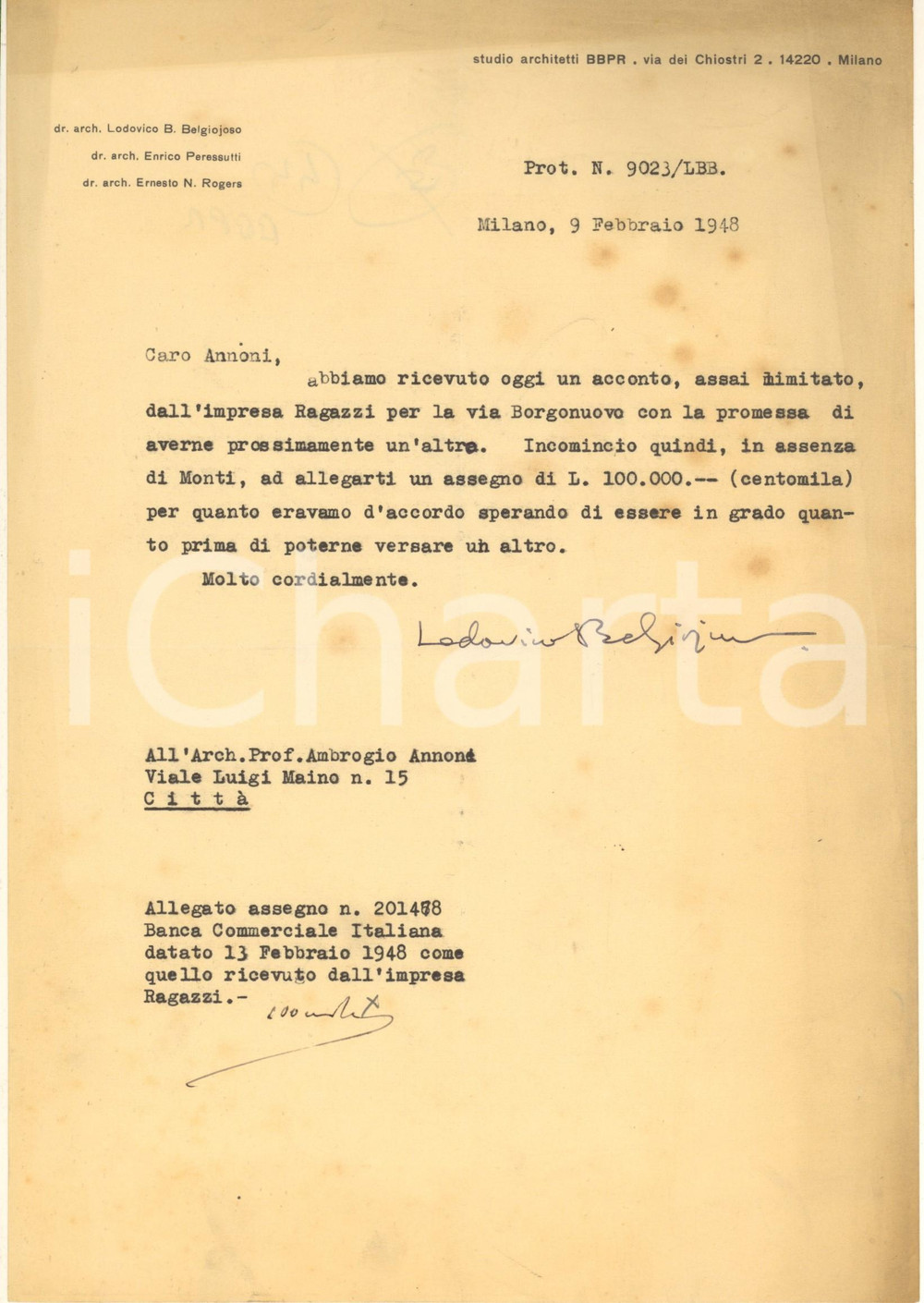 Autografo originale 1948 MILANO Studio Architetti BBPR  Lettera Lodovico BELGIOJOSO AUTOGRAFO 1