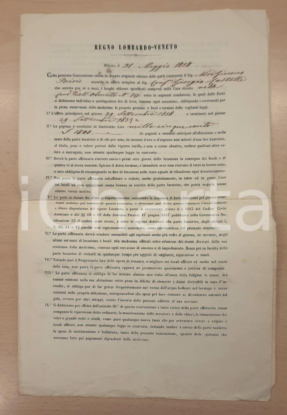 Documento originale, autentico 1858 MILANO Contratto affitto marchese Giacomo BRIVIO a Giorgio CASTELLI 1