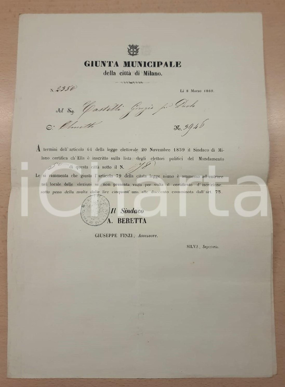 Documento originale, autentico 1860 MILANO Giunta Municipale  Iscrizione Giorgio CASTELLI lista elettorale 1