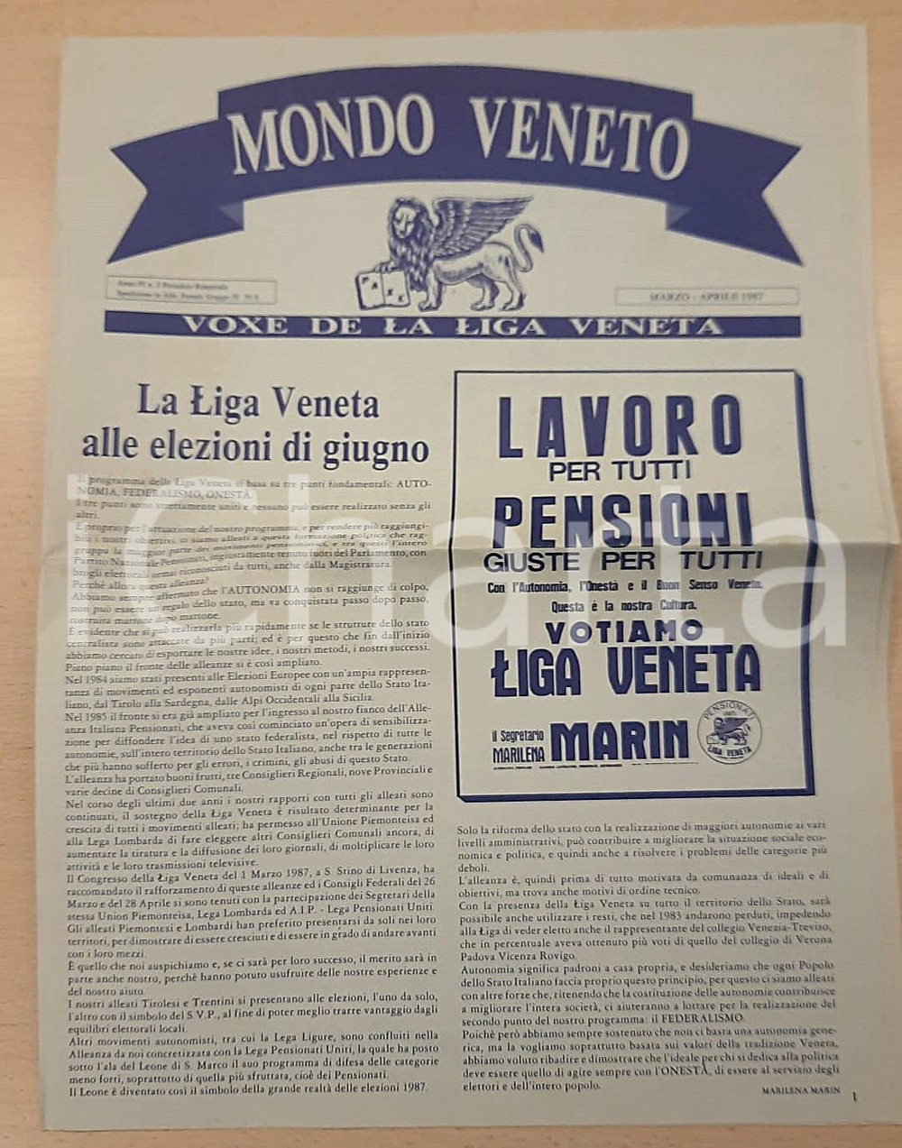 Giornale, rivista storica 1987 MONDO VENETO Elezioni  Voto a Marilena Marin Giornale LIGA VENETA n° 3 1