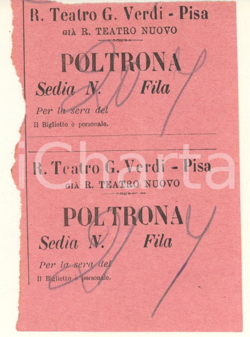 Documento originale, autentico 1930 ca PISA R. Teatro G. Verdi  Biglietto poltrona 1