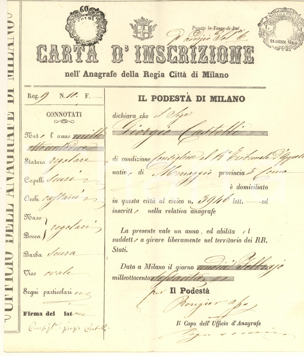 Documento originale, autentico 1860 Regia Città di MILANO  Carta d iscrizione all anagrafe Giorgio CASTELLI 1