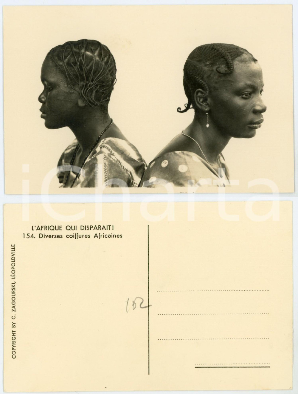 1930 ca C. ZAGOURSKI «L'Afrique quidisparaît»  Coiffures africaines n.154  Fotocartolina postale d'epoca, appartenente alla serie «L'Afrique qui disparaît» del fotografo Casimir Zagourski (Léopoldville).N° 154, non viaggiata. GOOD/buono ma minima sbrecciatura angolare Formato: 14x9 cm originale e autentica 1