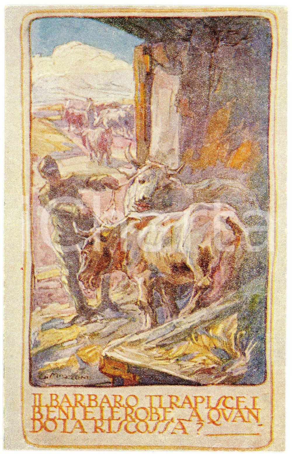 1915 ca WW1 Artista G. MAZZONI Il barbaro ti rapisce i beni ^Cartolina FP NV  Cartolina postale d'epoca, non viaggiata.CONDIZIONI: FAIR (LIEVI SMUSSATURE AGLI ANGOLI)FORMATO: FP    originale e autentica 1