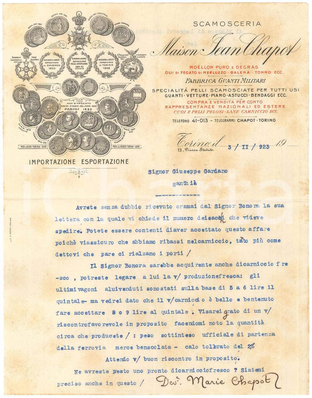 1923 TORINO Piazza Statuto - Maison Jean CHAPOT Scamosceria *Lettera 1 Lettera commerciale d'epoca dattiloscritta, su carta intestata.PAGINE: 1 POOR/danneggiato piegature d'epoca e fioriture Formato: 22x28 cm originale e autentica 1