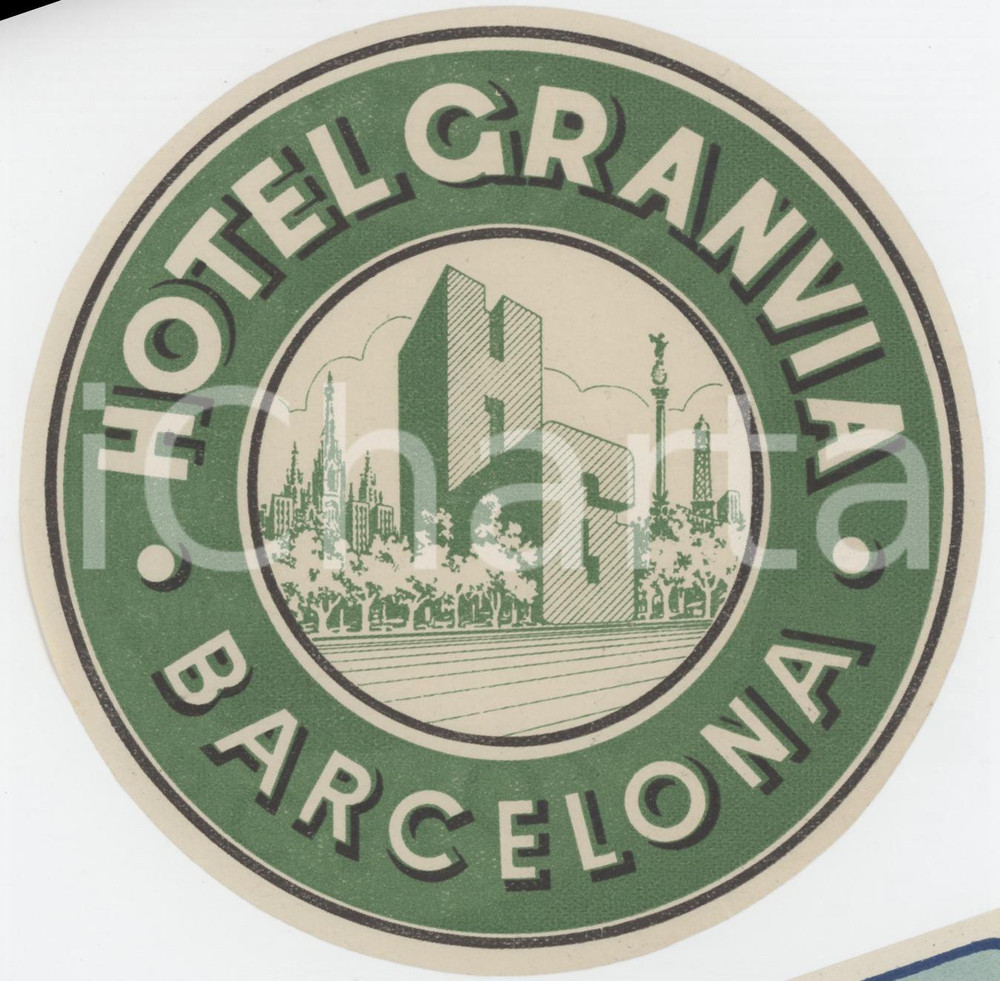 1950 ca BARCELONA Hotel Granvia - Etichetta ILLUSTRATA 11x11 (2) Etichetta d'epoca. FAIR/discreto Residui di inchiostro al recto Formato: 11x11 originale e autentica 1