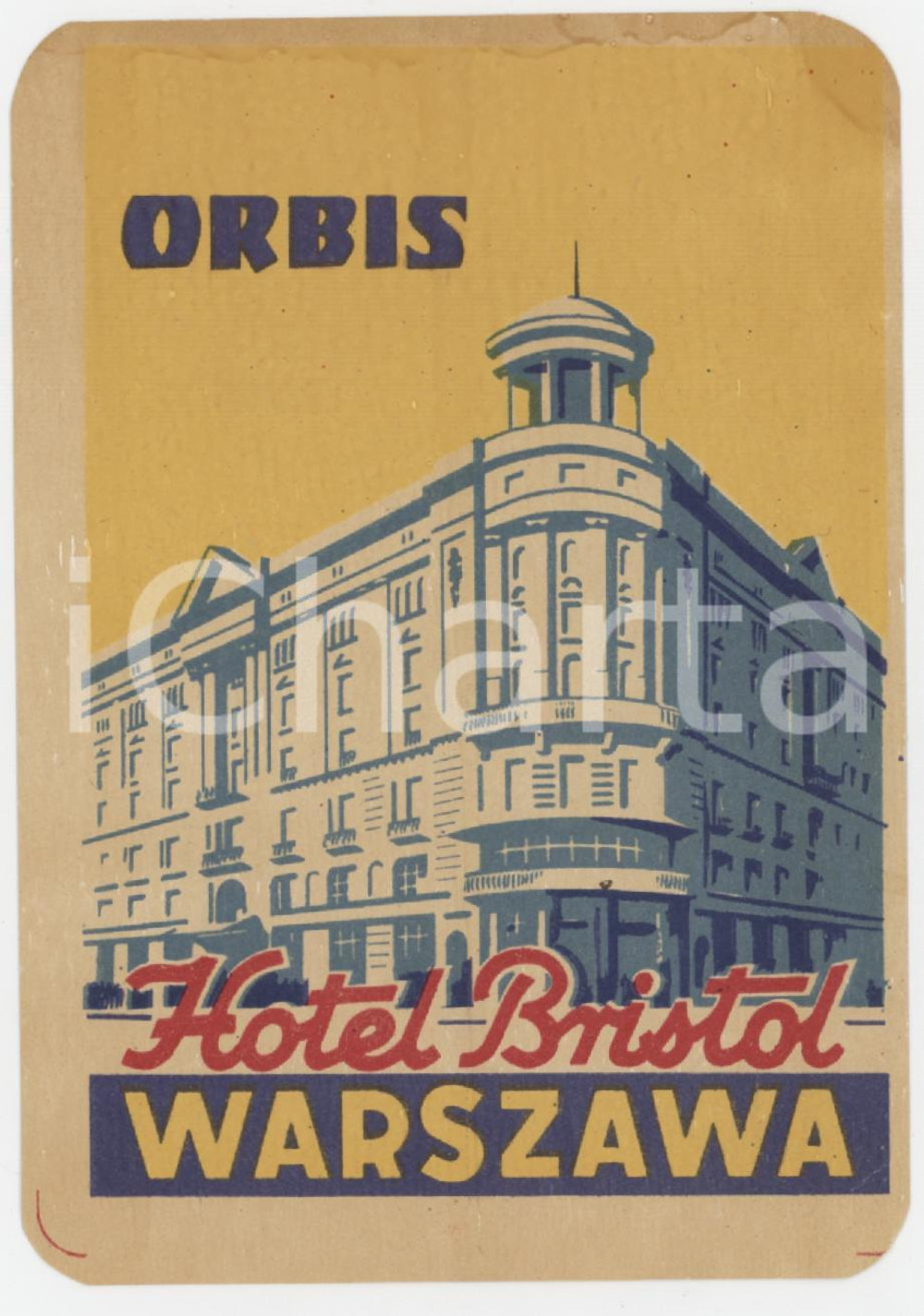 Materiale pubblicitario d’epoca 1955 ca WARSAW POLAND Hotel Bristol ORBIS  Etichetta ILLUSTRATA 7x11 2 1