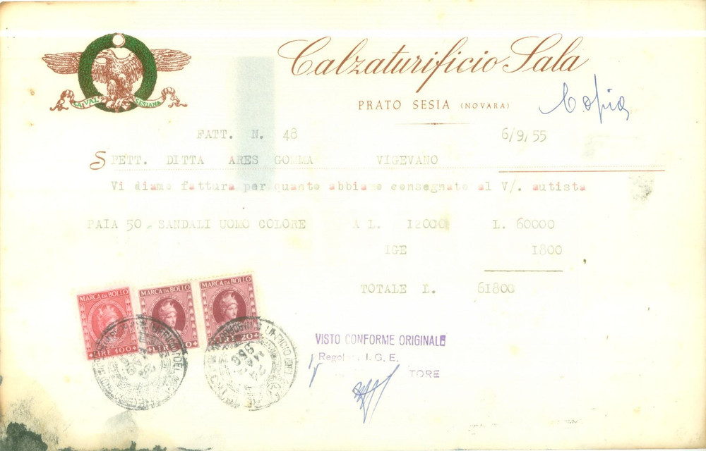 Documento originale, autentico 1955 PRATO SESIA NO Calzaturificio SALA Fattura per sandali 2 1