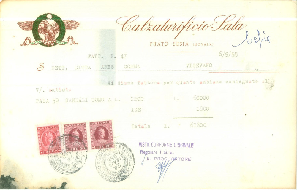 Documento originale, autentico 1955 PRATO SESIA NO Calzaturificio SALA Fattura per sandali 6 1