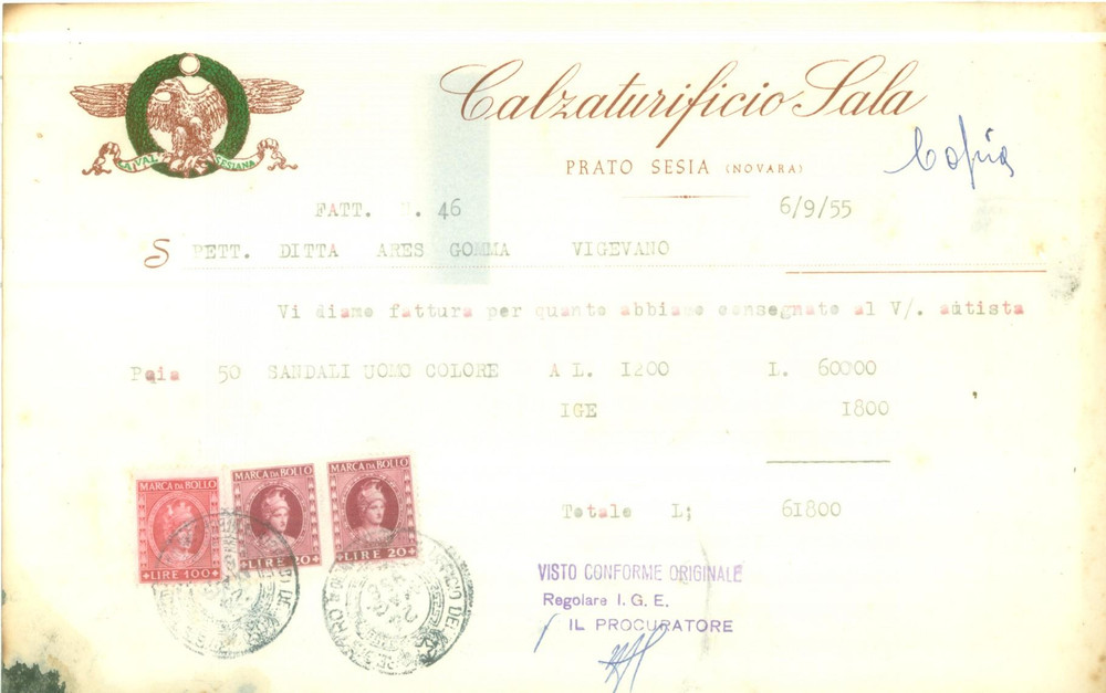 Documento originale, autentico 1955 PRATO SESIA NO Calzaturificio SALA Fattura per sandali 5 1
