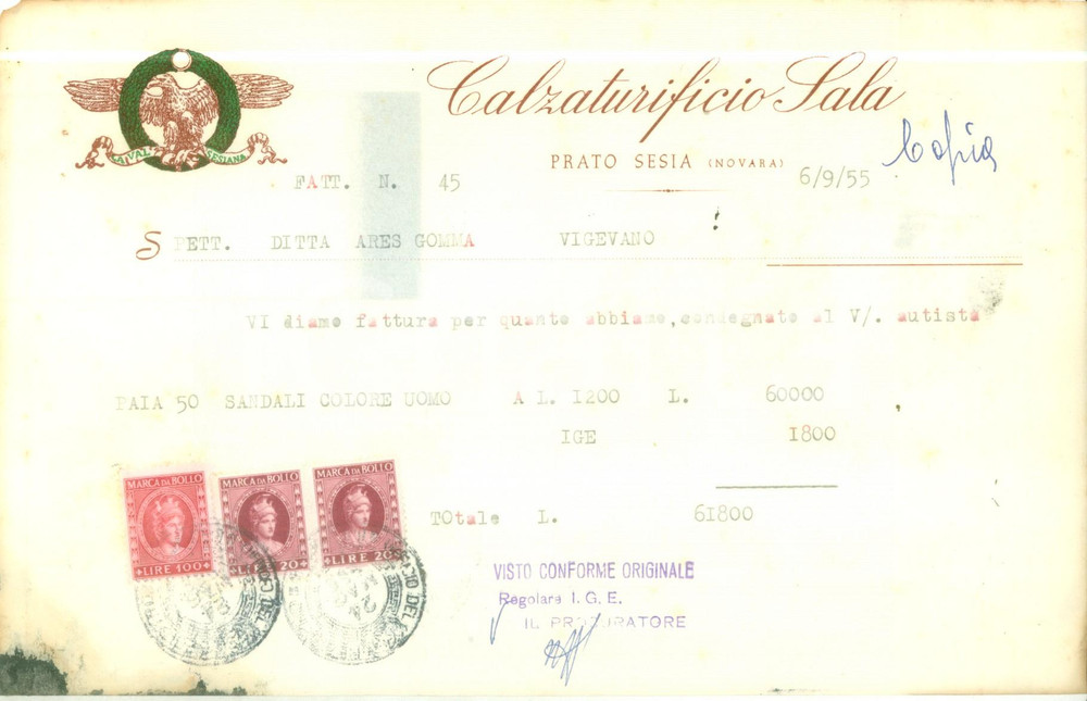 Documento originale, autentico 1955 PRATO SESIA NO Calzaturificio SALA Fattura per sandali 4 1