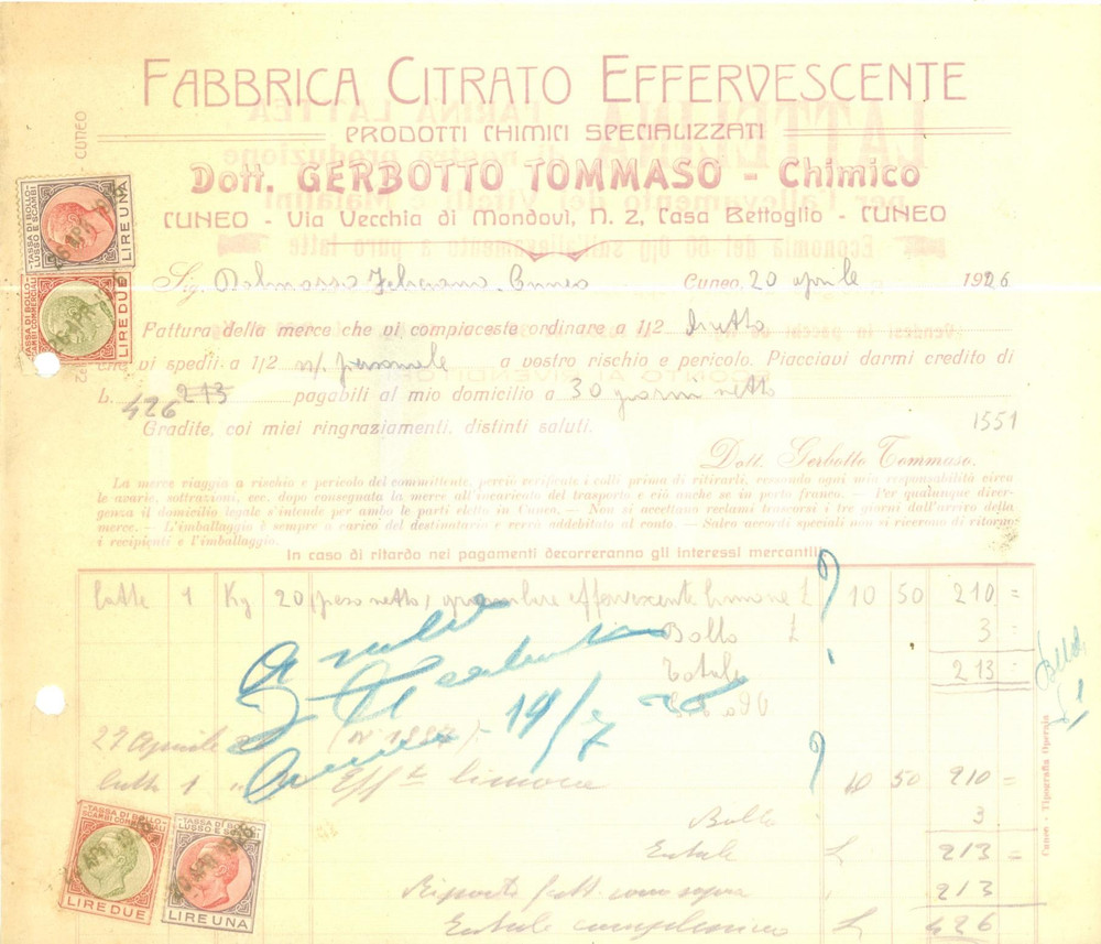 Documento originale, autentico 1926 CUNEO Chimico Tommaso GERBOTTO Fabbrica Citrato Effervescente Fattura 1 1