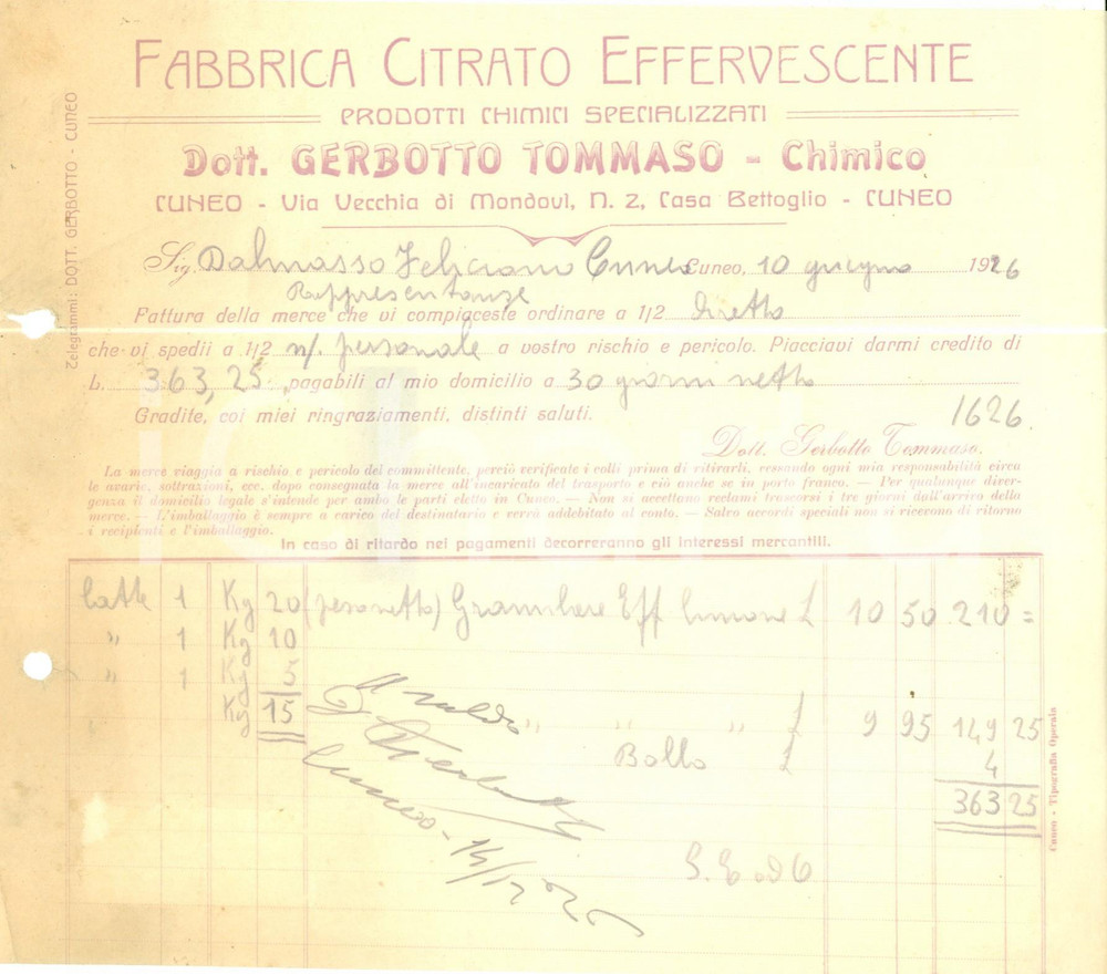 Documento originale, autentico 1926 CUNEO Chimico Tommaso GERBOTTO Fabbrica Citrato Effervescente Fattura 2 1