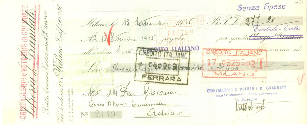 Documento originale, autentico 1935 GRANDATE CO Cristallerie e Vetrerie Cambiale pubblicitaria 1