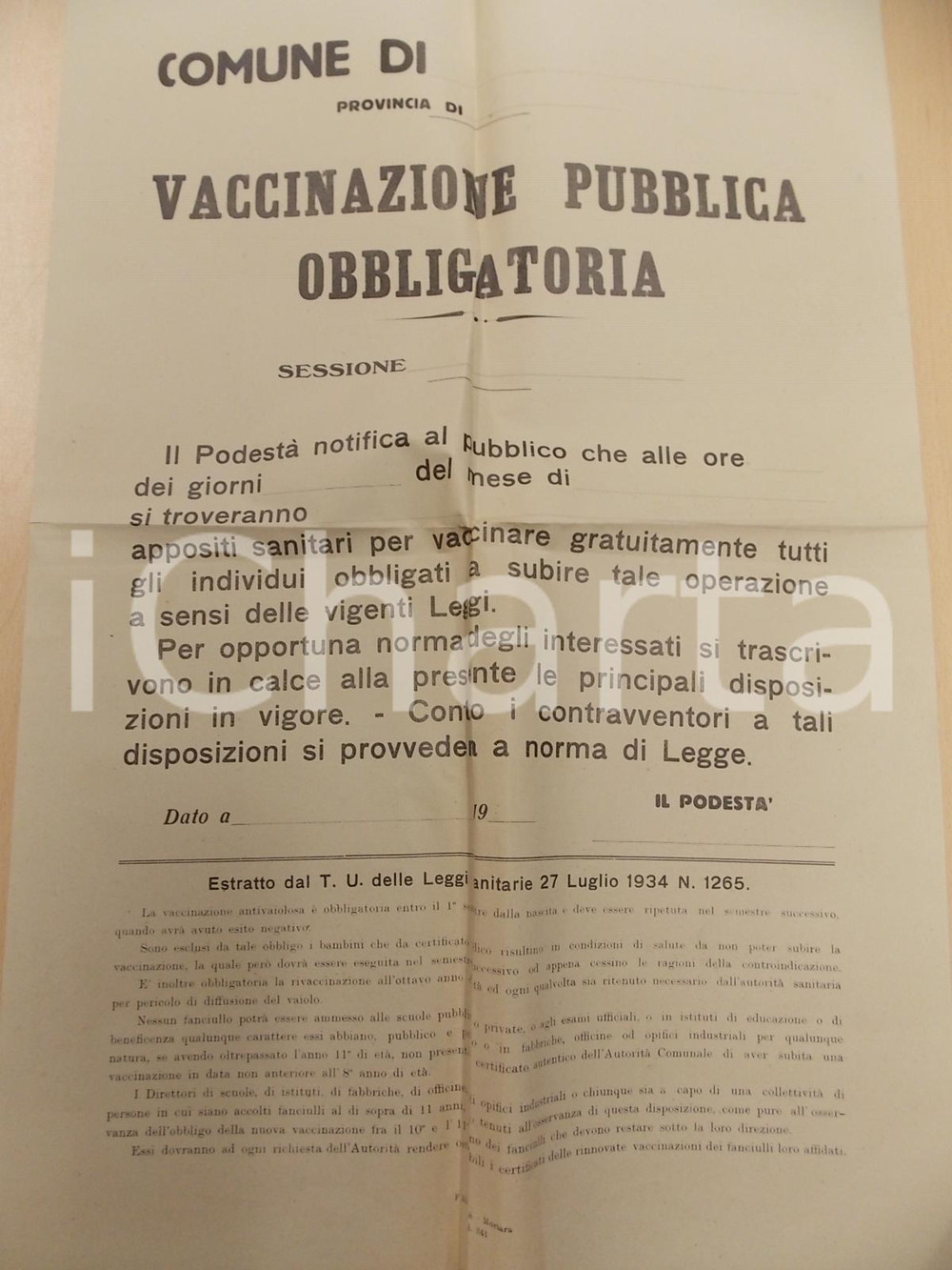 Documento originale, autentico 1935 ca Vaccinazione pubblica contro il vaiolo Manifesto 35x50 cm 1