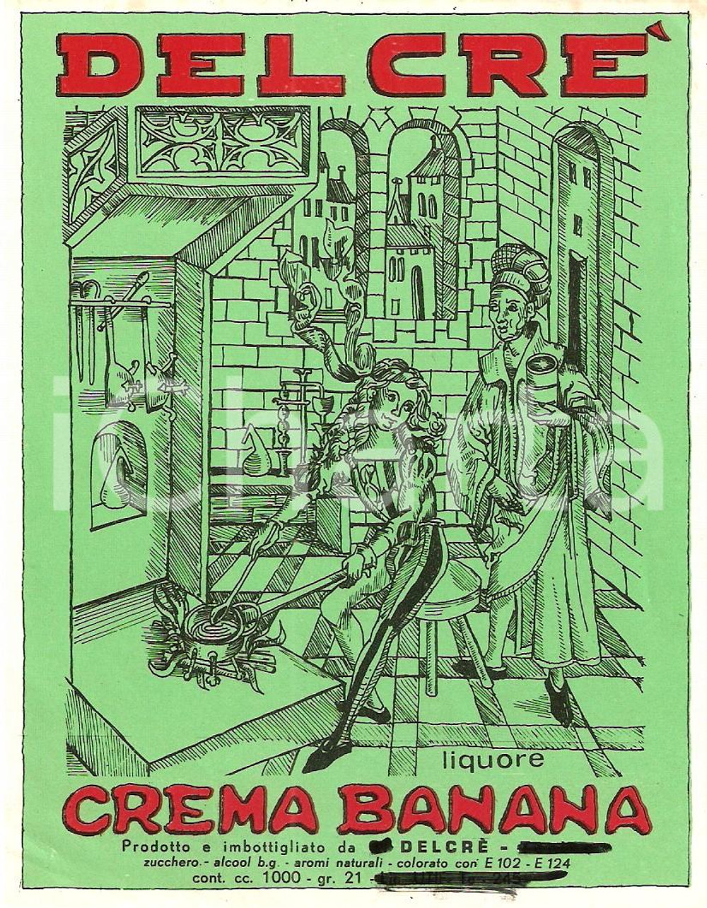 Materiale pubblicitario d’epoca 1965 ca DELCRE  Liquore CREMA BANANA Etichetta ILLUSTRATA 1