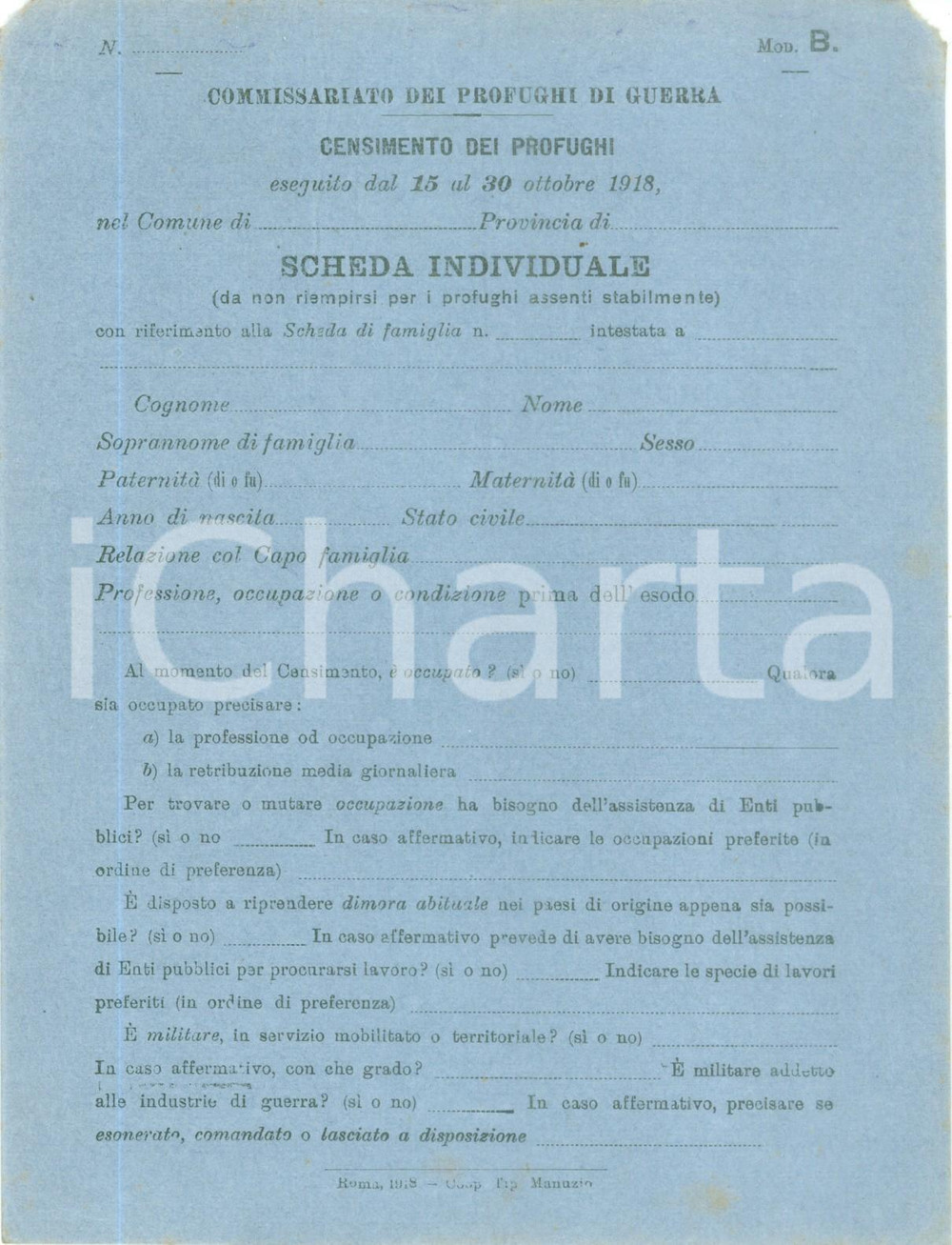 Documento originale, autentico 1918 ROMA WW1 Censimento profughi di guerra Scheda NON COMPILATA 4 1