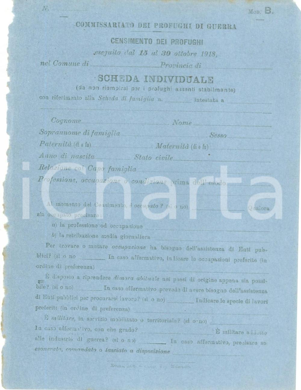 Documento originale, autentico 1918 ROMA WW1 Censimento profughi di guerra Scheda NON COMPILATA 6 1