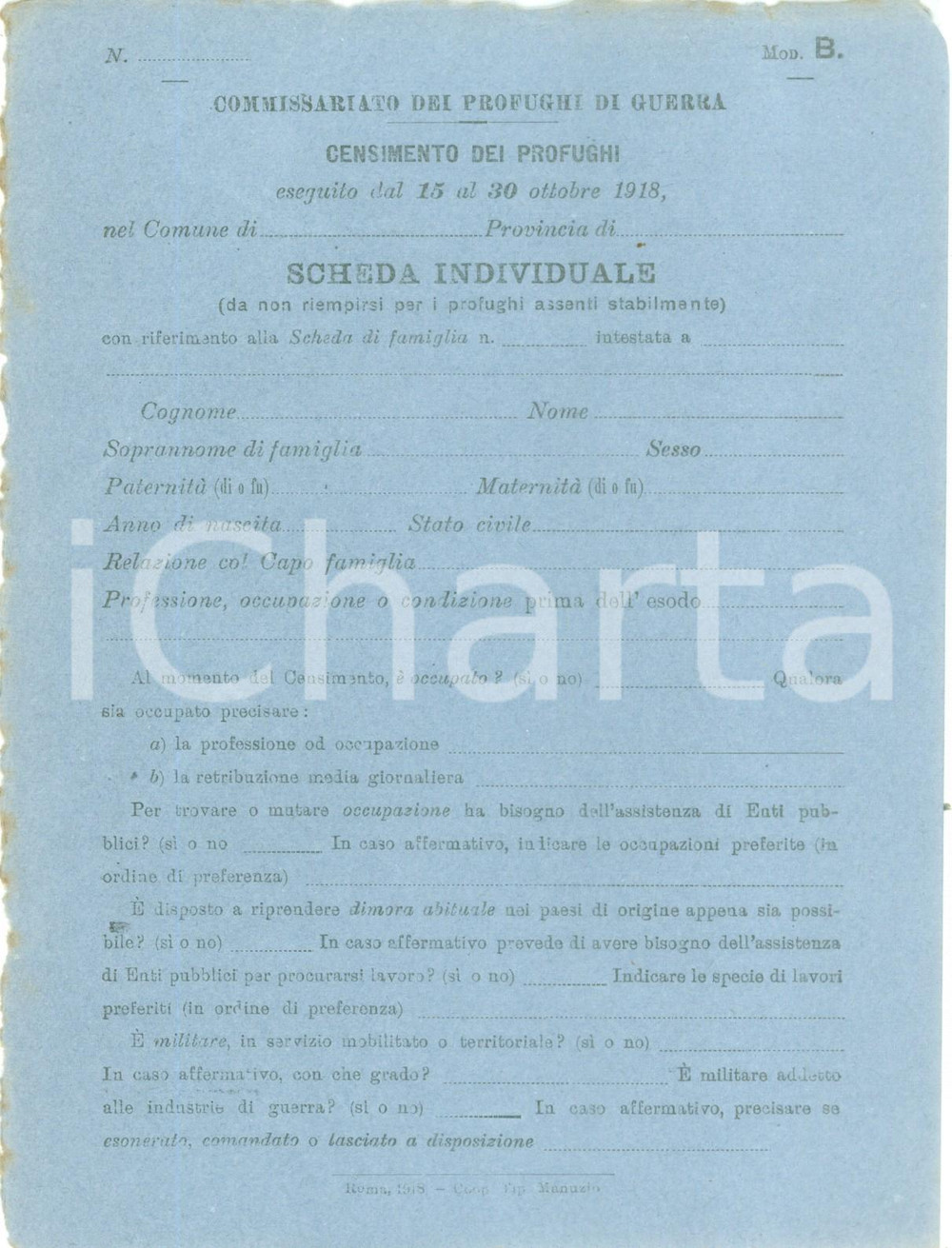 Documento originale, autentico 1918 ROMA WW1 Censimento profughi di guerra Scheda NON COMPILATA 7 1