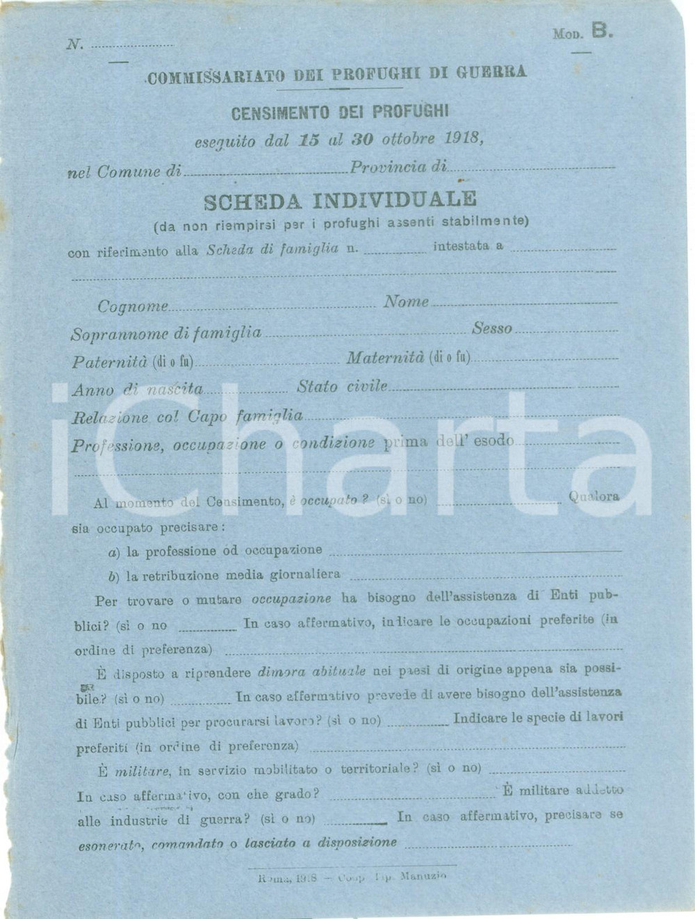 Documento originale, autentico 1918 ROMA WW1 Censimento profughi di guerra Scheda NON COMPILATA 8 1