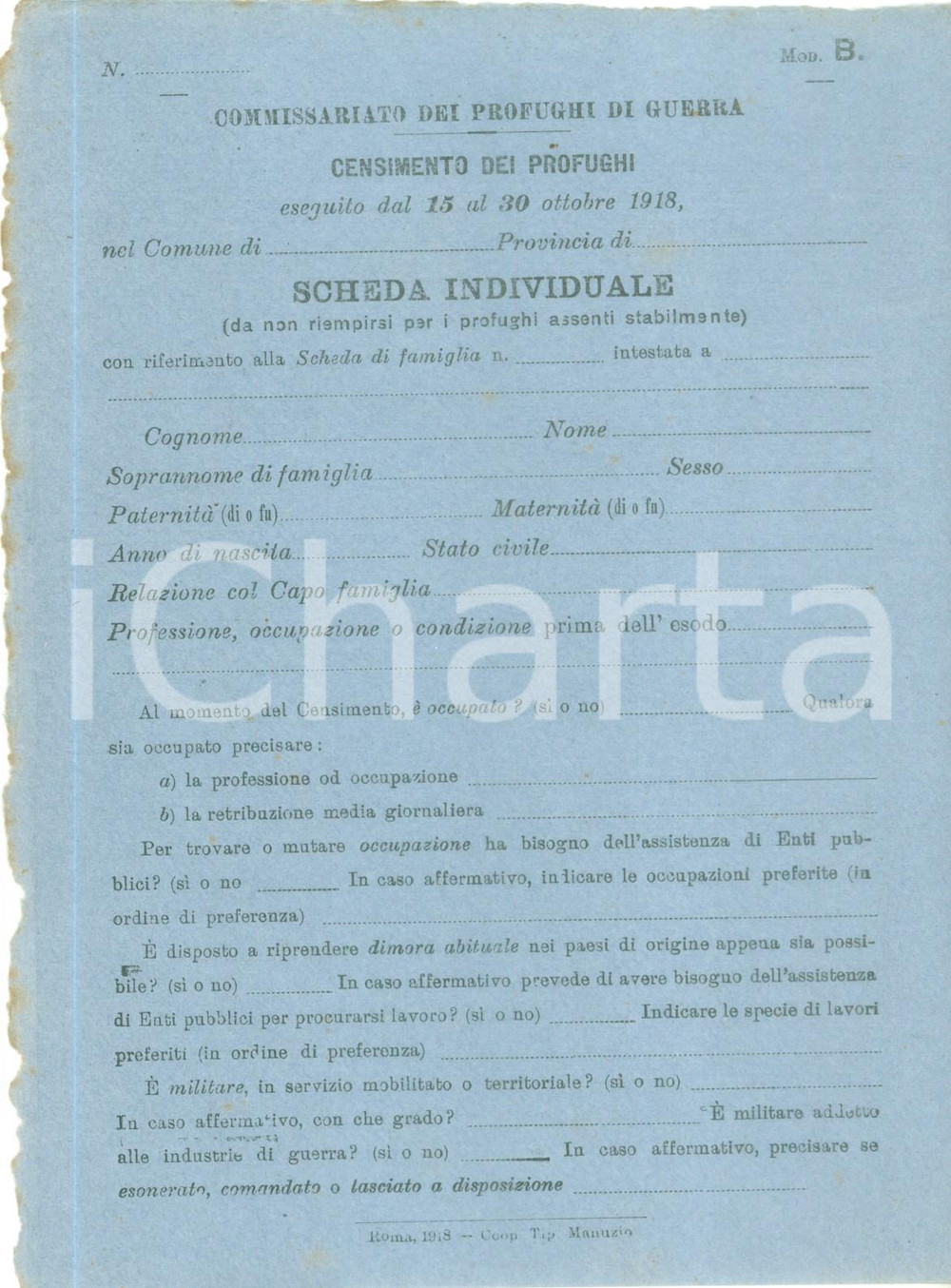 Documento originale, autentico 1918 ROMA WW1 Censimento profughi di guerra Scheda NON COMPILATA 1 1