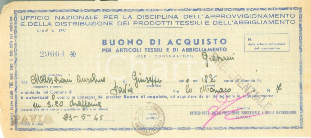 Documento originale, autentico 1945 PAVIA Buono acquisto articoli tessili abbigliamento per Anselmo MASSERONI 1 1