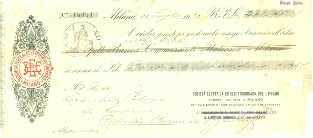 Documento originale, autentico 1932 MILANO Società Elettrica Elettrochimica del CAFFARO Assegno bancario 2 1