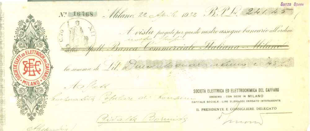 Documento originale, autentico 1932 MILANO Società Elettrica Elettrochimica del CAFFARO Assegno bancario 3 1