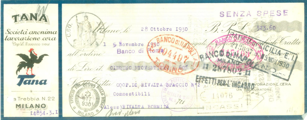 Documento originale, autentico 1930 MILANO Società Anonima Lavorazione Cera TANA Cambiale pubblicitaria 4 1