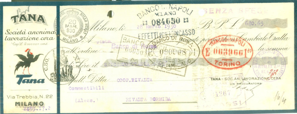 Documento originale, autentico 1930 MILANO Società Anonima Lavorazione Cera TANA Cambiale pubblicitaria 2 1