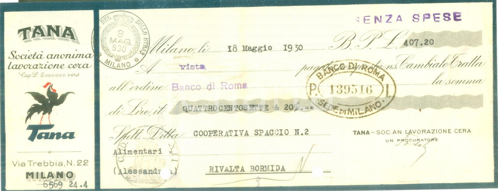Documento originale, autentico 1930 MILANO Società Anonima Lavorazione Cera TANA Cambiale pubblicitaria 3 1