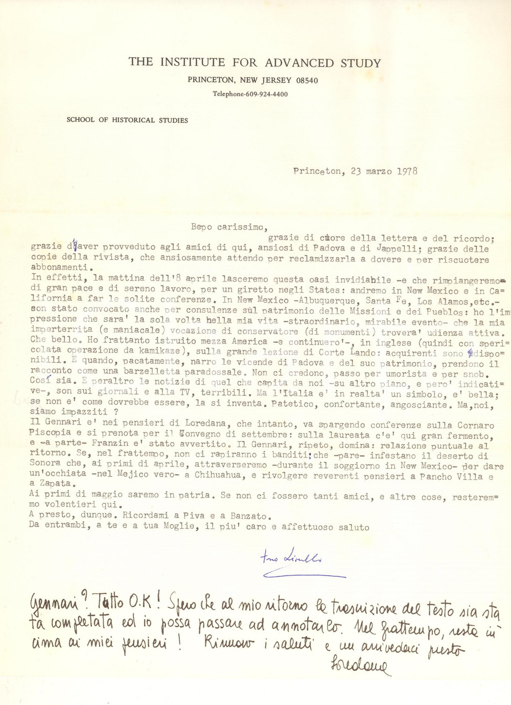 Autografo originale 1978 PRINCETON Lettera Lionello PUPPI  Conferenze negli USA AUTOGRAFO 1