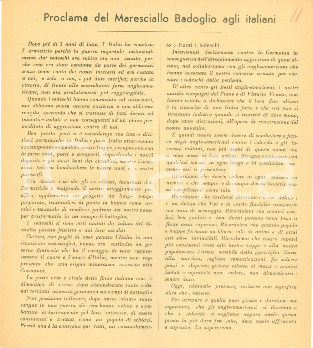 Documento originale, autentico 1943 WW2 Proclama Pietro BADOGLIO Tedeschi nemici vogliono nostra schiavitù 1 1