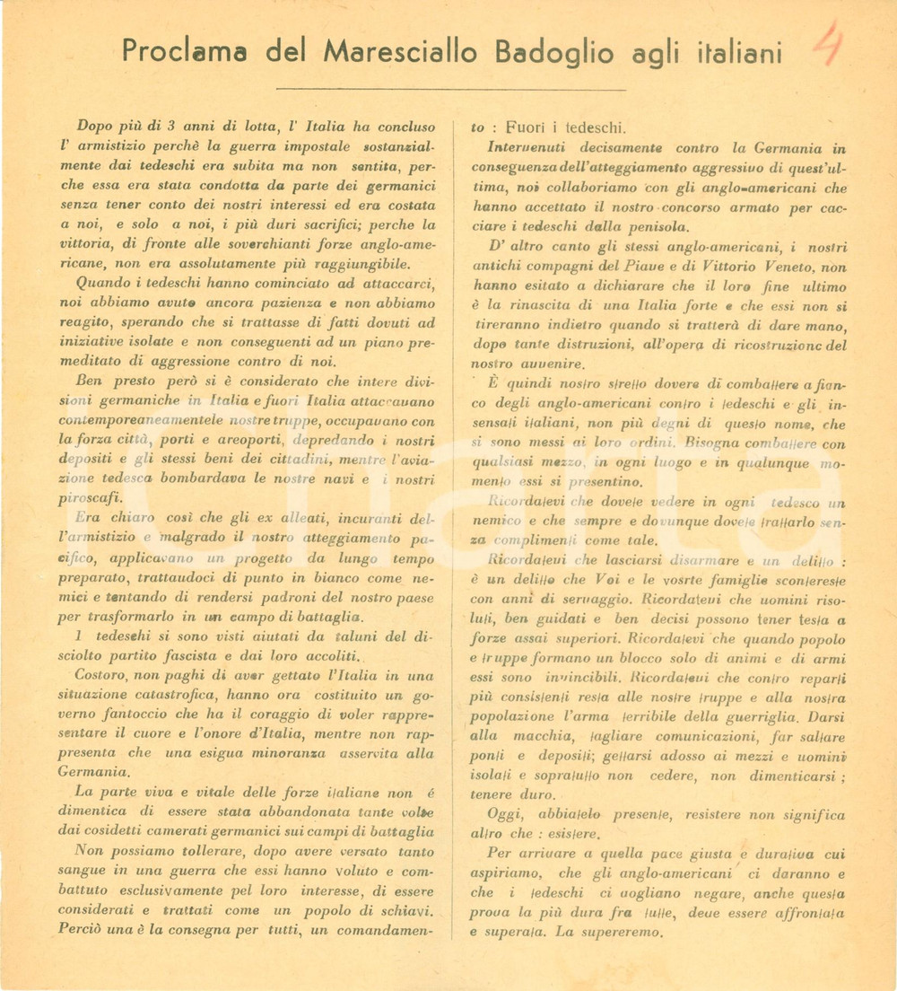 Documento originale, autentico 1943 WW2 Proclama Pietro BADOGLIO Tedeschi nemici vogliono nostra schiavitù 6 1