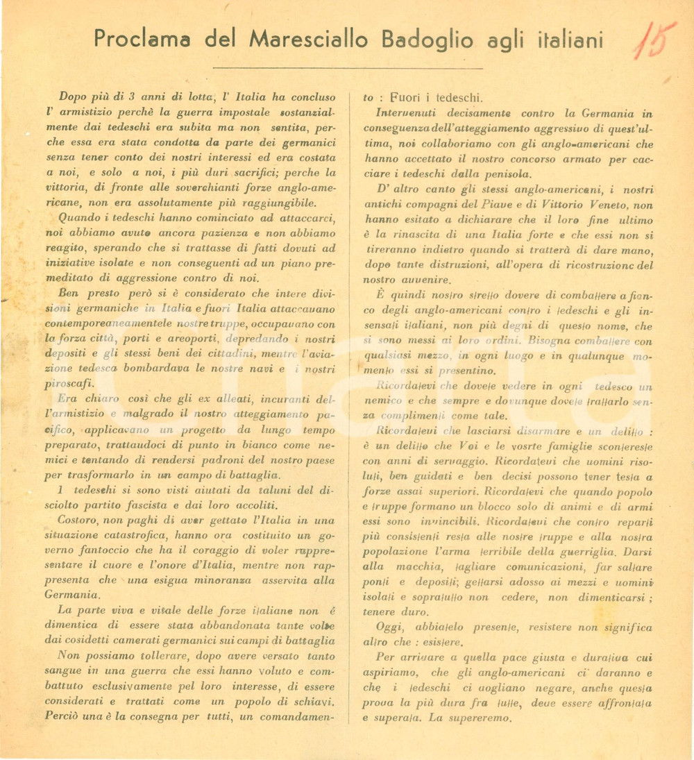 Documento originale, autentico 1943 WW2 Proclama Pietro BADOGLIO Tedeschi nemici vogliono nostra schiavitù 2 1