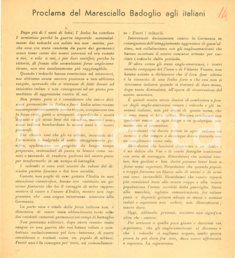 Documento originale, autentico 1943 WW2 Proclama Pietro BADOGLIO Tedeschi nemici vogliono nostra schiavitù 3 1