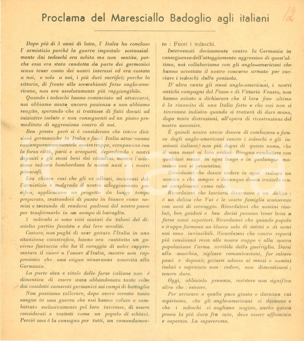 Documento originale, autentico 1943 WW2 Proclama Pietro BADOGLIO Tedeschi nemici vogliono nostra schiavitù 5 1