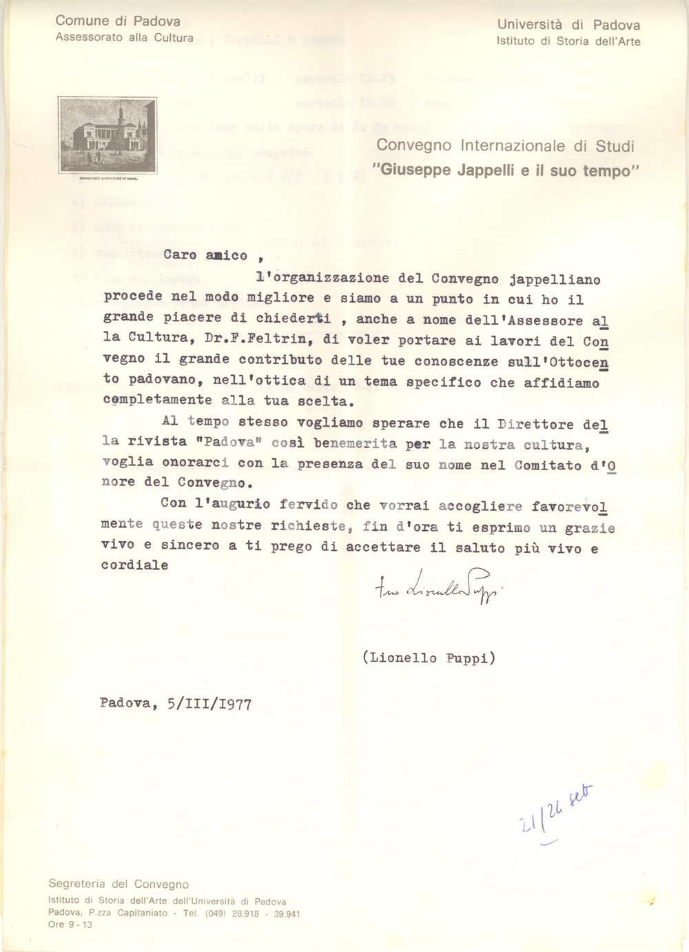 Autografo originale 1977 PADOVA Lettera Lionello PUPPI per convegno su Giuseppe Jappelli AUTOGRAFO 1