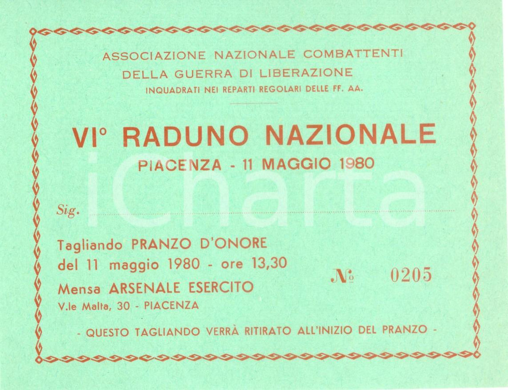 Oggetto da collezione cartaceo 1980 PIACENZA Vi Raduno Nazionale Combattenti Guerra di Liberazione Biglietto 4 1