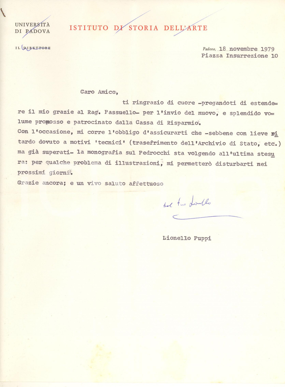 Autografo originale 1979 PADOVA Lionello PUPPI ringrazia per volume ricevuto AUTOGRAFO 1