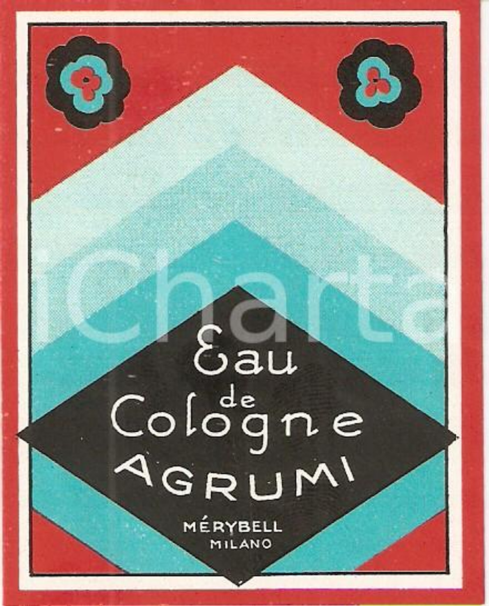 Materiale pubblicitario d’epoca 1950 ca MILANO Profumi MERYBELL Eau de cologne Agrumi Etichetta ILLUSTRATA 2 1