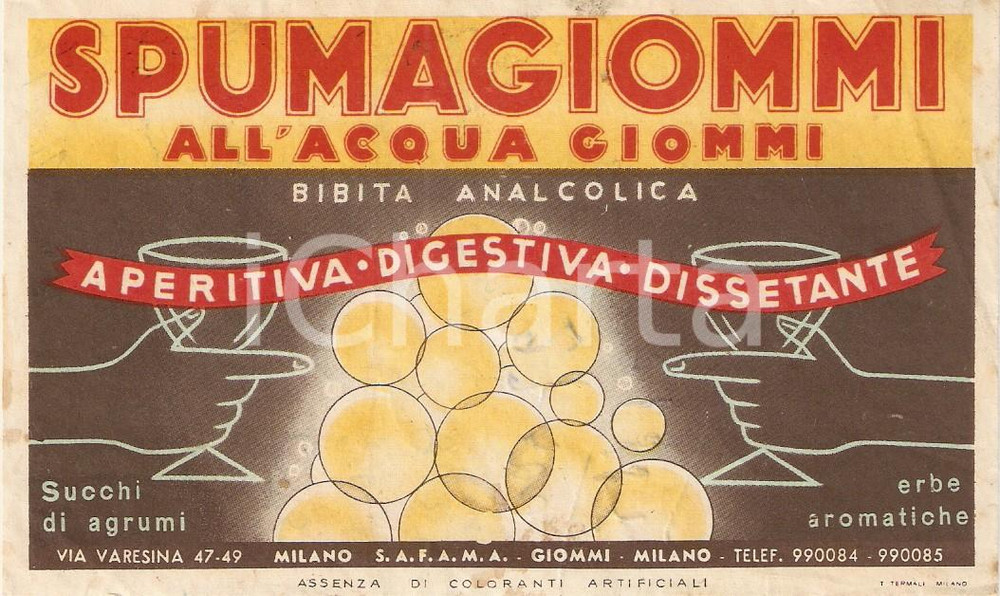 Materiale pubblicitario d’epoca 1953 MILANO Apri l occhio, bevi SPUMA GIOMMI Etichetta ILLUSTRATA 2 1