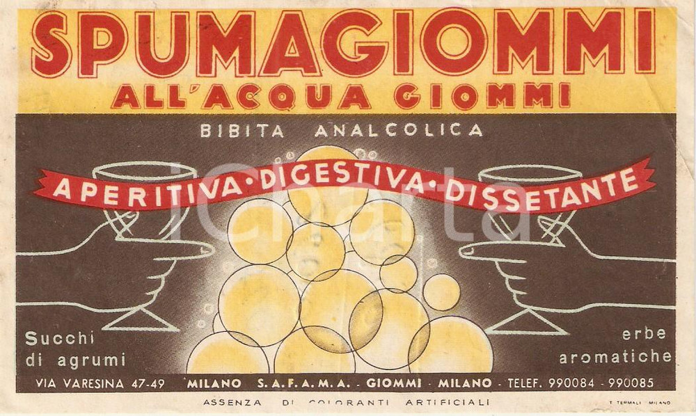 Materiale pubblicitario d’epoca 1953 MILANO Apri l occhio, bevi SPUMA GIOMMI Etichetta ILLUSTRATA 3 1