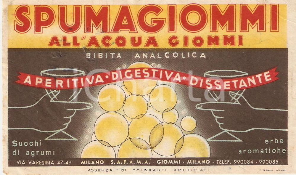 Materiale pubblicitario d’epoca 1953 MILANO Apri l occhio, bevi SPUMA GIOMMI Etichetta ILLUSTRATA 4 1