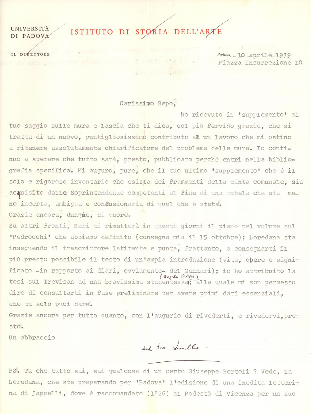 Autografo originale 1979 PADOVA Lionello PUPPI  Preparazione volume sul Caffè Pedrocchi AUTOGRAFO 1