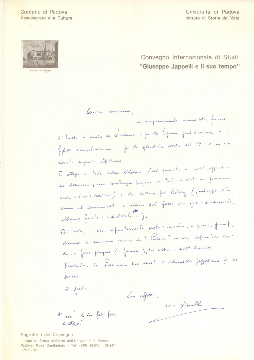 Autografo originale 1977 PADOVA Lettera Lionello PUPPI per invio articoli a un collega AUTOGRAFO 1