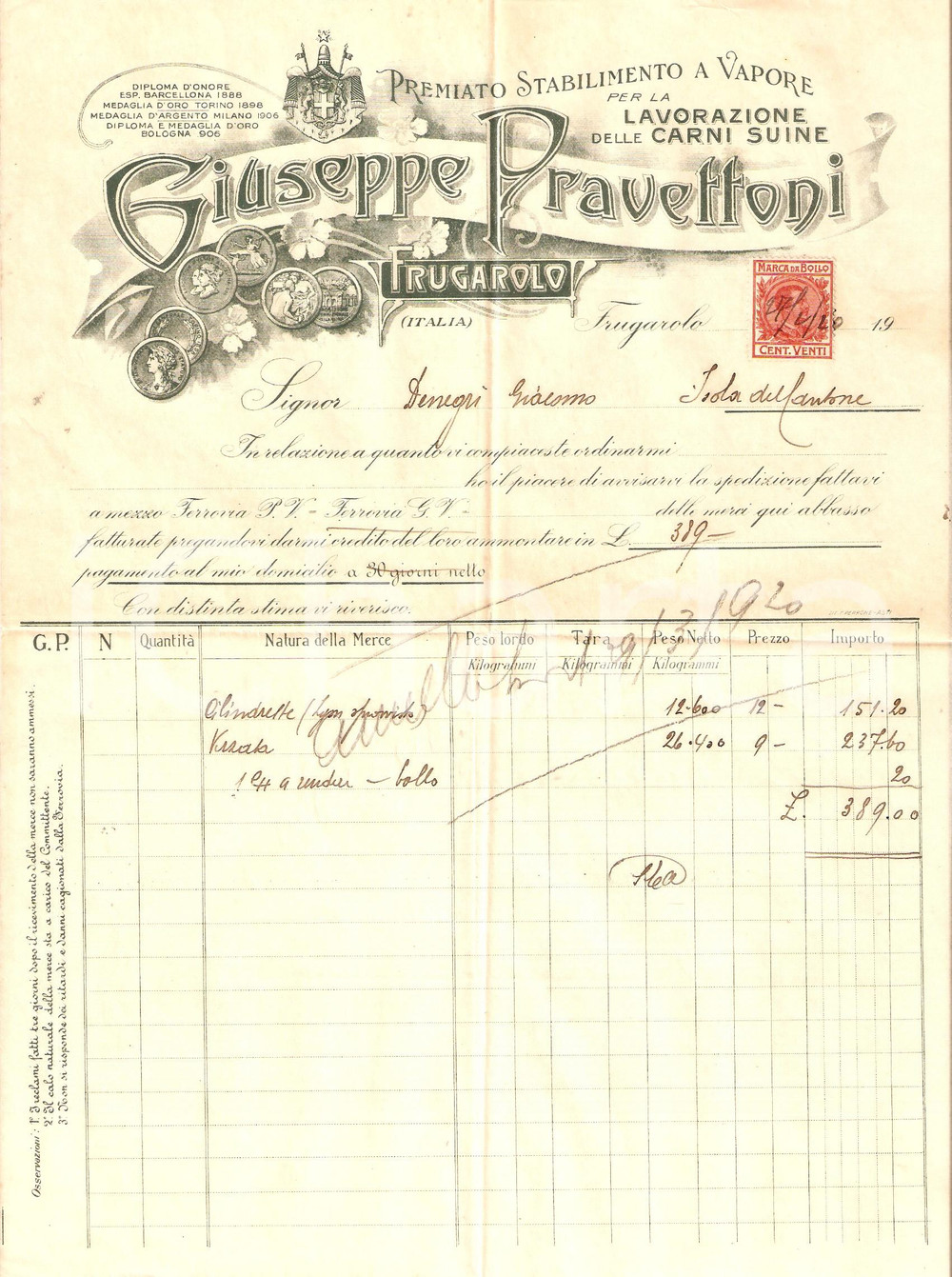 Documento originale, autentico 1920 FRUGAROLO AL Giuseppe PRAVETTONI Premiata fabbrica salumi Fattura 6 1