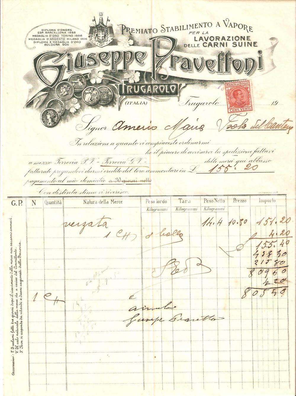 Oggetto da collezione cartaceo 1920 FRUGAROLO AL Giuseppe PRAVETTONI Premiata fabbrica salumi Fattura 3 1