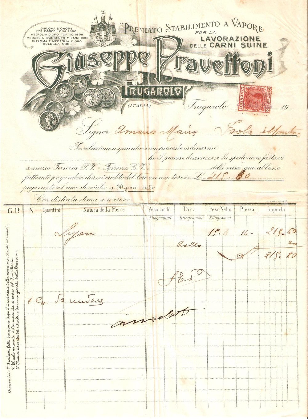 Oggetto da collezione cartaceo 1920 FRUGAROLO AL Giuseppe PRAVETTONI Premiata fabbrica salumi Fattura 4 1